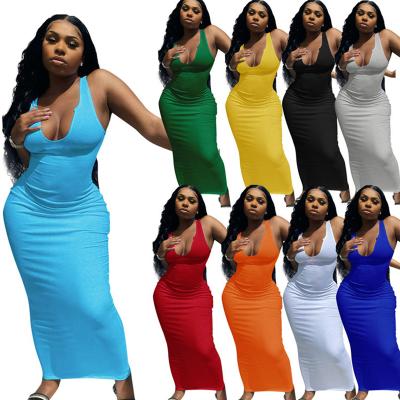 China Anti-pilling 2021 New Knit Bodycon Maxi Elegant Women Solid Tight Long Neck Dress Simple Round Sleeveless Casual Party Dress Summer for sale