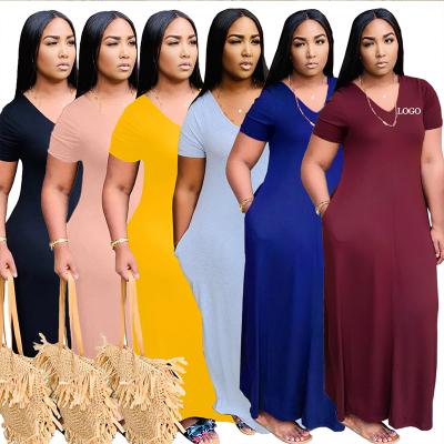 China 2021 Hot Selling Anti-wrinkle Casual Solid Shorts Sheaths Pockets Chic Loose Stretchy Maxi Long Dresses Solid Up To The Summer V-Neck Anklet for sale