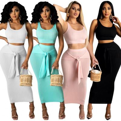 China 2021 Summer New Fashion Solid Color Vest Casual Tight Skirt Anti-static Long Hip Two-Piece Dress For Women for sale