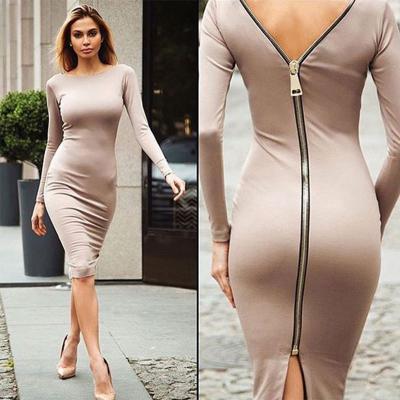 China New Style Anti-Static Autumn Casual Bodycon Offer Wear Elegant Zipper In Tight Back Midi Dresses for sale