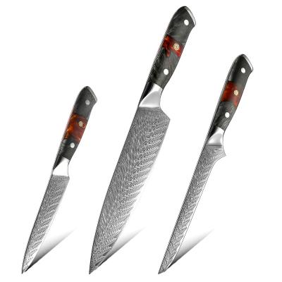 China 3pcs Damascus Knife Disposable Kitchen Chef Set Japanese Damascus Sushi Premium Steel Boning Cooking Serving Knives for sale