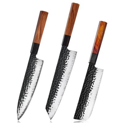 China 3 Pcs Disposable Handmade Forged Knife Set Mkuruti 3 Layer Steel Wooden Handle Blade Chef Handmade Nakiri Kitchen Knife Black Set for sale