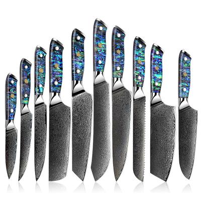 China 10 Pcs Disposable Luxury Abalone Shell Handle Damascus Steel Professional Bread Chef Kitchen Knife Set Nakiri for sale