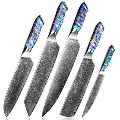 China 5 PCs Abalone Shell Handle Damascus Steel Santoku Kiritsuke Nakiri Disposable Professional Kitchen Knife Serving Set for sale