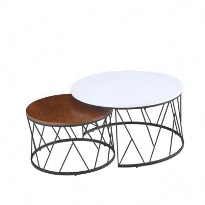 China Cheap Round Shape Iron Center Wooden Interlocking Coffee Table 2 Modern Design Wooden Coffee Table On Sale for sale