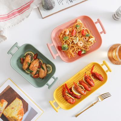 China Wholesale Viable Kitchen Microwave Oven Porcelain Dinner Dish Rectangular Ceramic Non Stick Bakeware Mold Dishes With Handle for sale