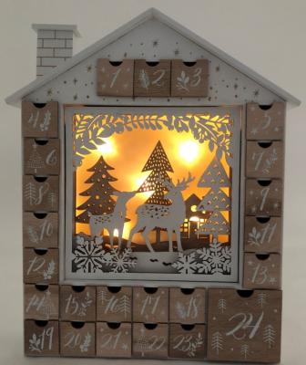 China Handmade Christmas Advent Calendar Large Reusable Wooden House Christmas Gift with 24 Shooter Christmas Countdown Decorations for sale