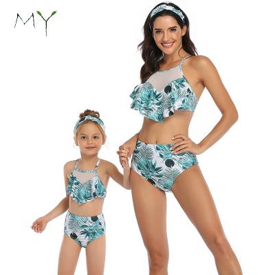 China 2020 Breathable Mommy And Me Swimwear New Arrival In-stock Mommy And Me Tropical Plant Print Two Piece Swimsuits for sale