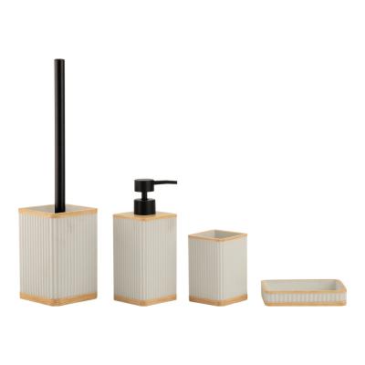 China 4pcs White Polyresin Bathroom Set Tumbler Holder Bowl Brush Soap Dish Hand Soap Dispenser for sale