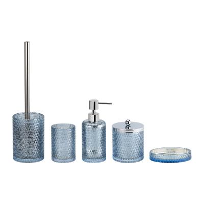 Chine 5 pièces d' accessoires de salle de bain en verre ensemble bleu mercure avec porte-brosses de toilettes en nid de miel à vendre