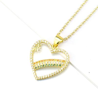 China FASHIONABLE 18k Gold Plated Rainbow CZ Heart Pendant Necklace 3A Shape Hollow Zircon Heart Necklace for sale