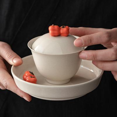 China Handmade Persimmon Tea Tureen Ceramic Kung Fu Tea Set Bowl Ceramic Gaiwan Chrysanthemum Tea Gift for sale