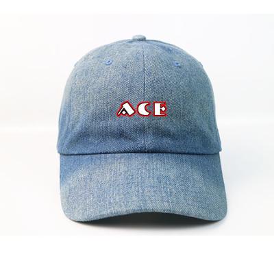 China ACE Wash blue denim Customized curve brim silk printed logo baseball Hats Caps en venta