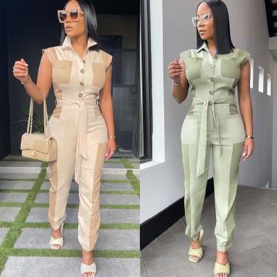 China Best viable design 5xl plus size patchwork spliced color pocket belt slim fit one piece high quality women overalls for sale