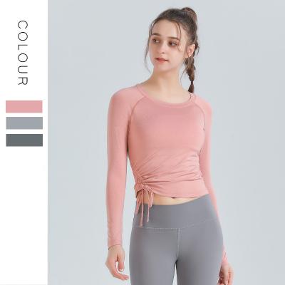 China New Fashion Women Breathable Drawstring Yoga Fitness T-Shirt Long Sleeve Sports Crop Tops for sale