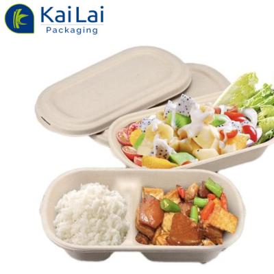 China Disposable Packaging Bagasse Pulp Takeaway Disposable Container 2 Compartment Bagasse Oval Bowls for sale