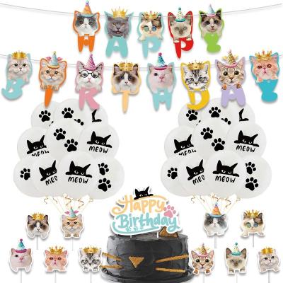 China Party Occasion PartyPlace Meow Cat Head Balloon Pet Cat Theme Party Balloon Pull Flag Set Birthday Banner CakeTopper Decoration for sale