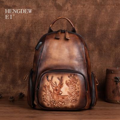 China Chinese style Hengdewei large capacity leather backpack embossed personality deer head layer cowhide large capacity backpack the first retro for sale