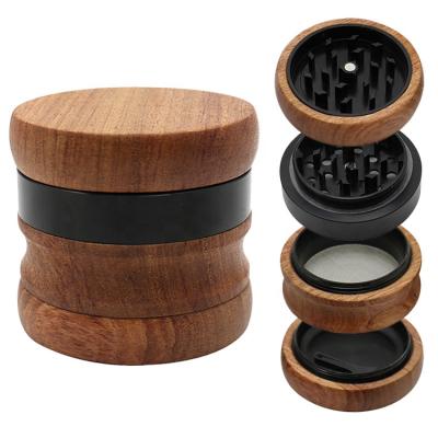 China Aluminum Alloy Metal Teeth 67mm 4 Piece Metal Herb Grinder Smoking Tobacco Wood Aluminum Grinder With Metal Spliced Ring for sale