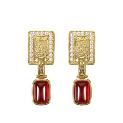 China New Fashionable Retro Red Zircon Simple Dangling Earrings 925 Needle All-match Silver Dangle Earrings for sale