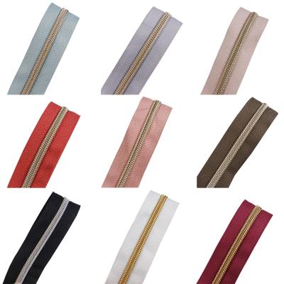 China Feature Wholesale Size Color Fade Proof Zipper Tape Long Plated Gold Teeth/Rose Gold Color/Gun Gun/Silver Nylon Zipper Pull For Bag for sale