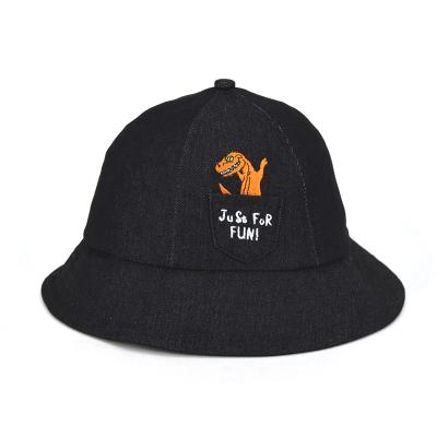 China Imitate dinosaur pattern beach kids jeans cloth bucket hat animal custom embrodiary baby hats with rope for sale