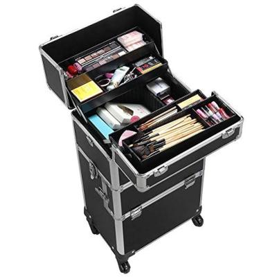 China Large Capacity 360 Wheels 3-in-1 Artist Rolling Trolley Makeup Case Aluminum Degreed Cosmetic Organizer for Beauty for sale