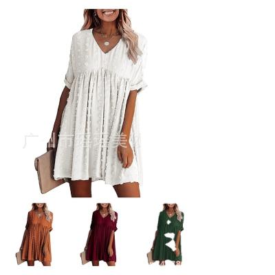 China 2022 Spring Summer Half Sleeve Chiffon Dress V Neck Anti-Static Printing Dress Women's Loose Custom Embroidered Casual Dress for sale