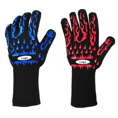 China Custom Wholesale Food Safe Easily Cleaned Aramid Cotton Silicone BBQ Grill Extreme Heat Resistant Grill Oven Cooking Gloves Kitchen Mitts for sale