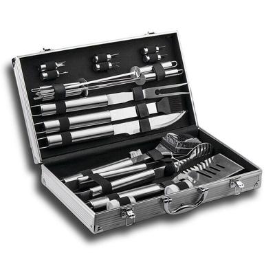 China Hot Sale Portable Multi Function 18 Pieces Stainless Steel BBQ Grill Easily Cleaned Outdoor Camping Tool Kit With Aluminum Boxed Storage Case for sale