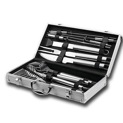 China Hot Sale Portable Multi Function 10 Pieces Stainless Steel BBQ Grill Easily Cleaned Outdoor Camping Tool Kit With Boxed Storage Aluminum Case for sale