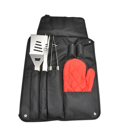 China Easily Cleaned Custom 7 Piece GRILL Stainless Steel BBQ Grill Grilling Turner Fork Tongs Tool Set with Portable Oxford Cotton Bag Apron for sale