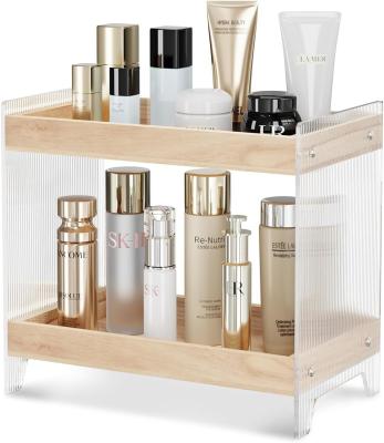 China Organizador de perfumes de maquillaje no plegable con bandeja de madera y estante de cosméticos acrílicos en venta