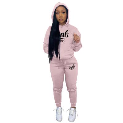 China Anti Wrinkle Women's Pink Letter Printed Fleece Hooded Joggers Sets 2 Piece Workout Streetwear Fall Wear Sports Sweater Teams 2021 for sale
