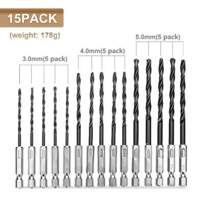 China 15pcs Six Corners 3mm 4mm Fast Working High Speed 5mm Steel Nitride Drill Bits Black Wood Metal Open Pore Twist Drill for sale