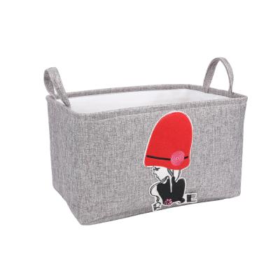 China Nice Printing Cotton Gray Quality Cube Storage Folding Canvas Baskets Organizing Foldable Fabric Cotton Storage Basket With Handle for sale