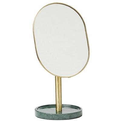 China Elegant Gold Tone Magnifying Oval Silhouette Vanity Mirror With Green Marble Base for sale