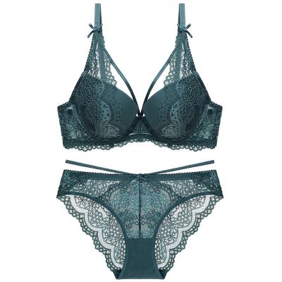 China Sexy Antibacterial Lace Women's Underwear Set Lift Up Lingerie Set Cups Bra Briefs Classic Lace Up Padded Sets for sale