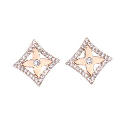 China Romantic flower Zircon copper stud earrings simple temperament, European and American square, sweet ladies for sale