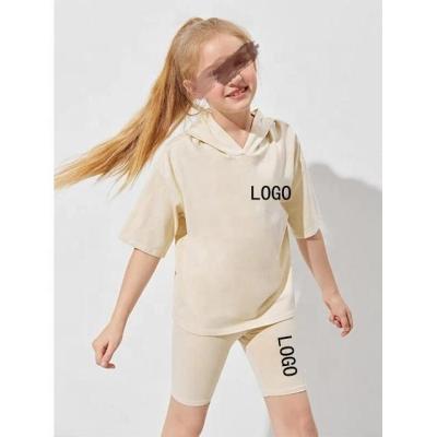 China Oversized girls hoodie drop shoulder hoodie kids tracksuits OEM casual custom cotton T-shirt oversized yoga shorts two-piece set biker shorts for girls for sale