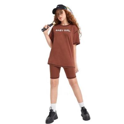 China Sporty teen girls letter simple graphic 100% cotton t-shirt joggers tee shorts and drop shoulder biker shorts with contrast stitch for girl for sale