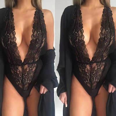 China 2021 Wholesale Sexy Apparel Sexy Hanging Neck Lace One-Piece Lingerie For WomenLadies Sexy Deep V-Neck Lace Underwear for sale