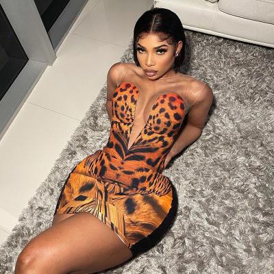China Breathable fashion mini dress female leopard printed hollow streetwear clubwear casual party dresses for sale