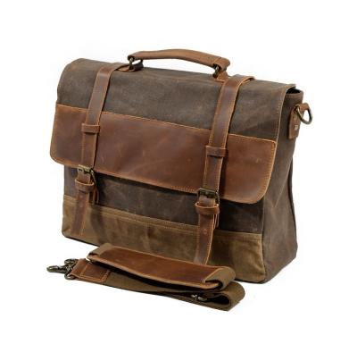 China Retro Crazy Horse Leather Briefcase Men Waterproof Cross - Body Shoulder Bags Oil Wax Canvas Handbag Mens Vintage Laptop Bag for sale