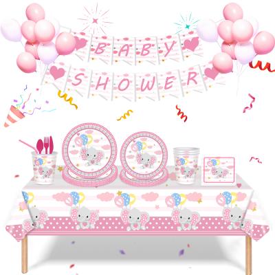 China Floral Paper Plate Girl Pink Baby Shower Elephant Decorations Cups Lunch Napkins for Girls Birthday Party Elephants Theme for sale