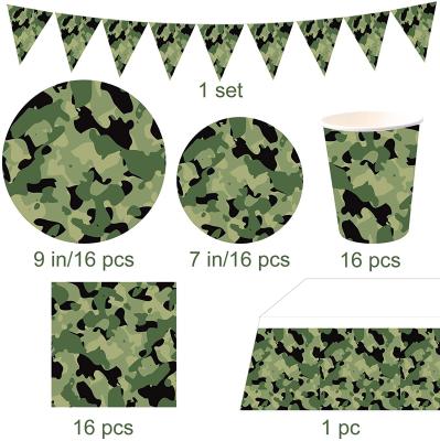 China Camouflage Paper Party Supplies Tableware Set Birthday Paper Plates, Napkins, Paper Cups Dishes, 66Pcs Tablecloth Serving 16 Guests for sale