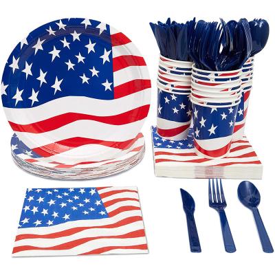 China Disposable Eco-Friendly American Independence Day Party Tableware Supplies Set Paper Cups Plates Napkins Cutlery For Independence Day Party for sale