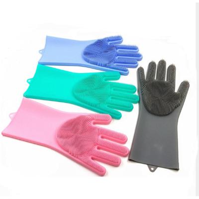 China Dotted wholesale price 180g per pair long style silicone hand gloves for kitchen dishwashing with washing scrubber for sale