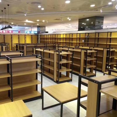 China 2020 new design double sided supermarket gondola display shelves with wood for sale
