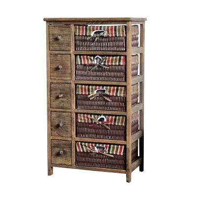 China High Quality Recyclable Rustic Vintage Furniture Wicker 5 Drawer Vintage Furniture Living Room Paulownia Wood Tall Wardrobe for sale